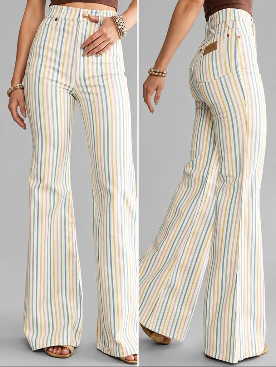 Wrangler Denim - Wrangler Wanderer 622 High Rise Flare Jeans Sz 32x32 Pastel Rainbow Stripe Denim